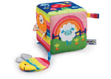 Brightly colored Blossom Farm Activity Cube with textures and teething clip for sensory play and early development.