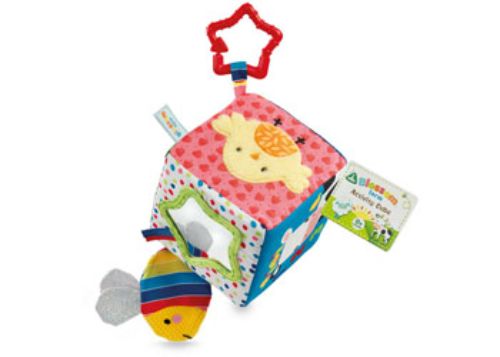 Vibrant Blossom Farm Activity Cube with textures, colors, and teething c-clip for sensory exploration in infants and toddlers.