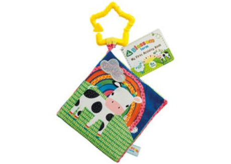 Soft illustrated activity book with textured clip for sensory exploration, perfect for toddlers' learning and play.