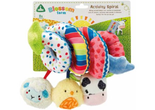 Colorful Blossom Farm activity spiral with animal toys, perfect for cots and car seats, stimulating senses and motor skills.