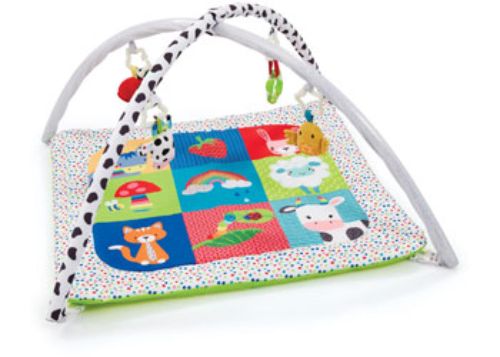 Soft padded playmat with two removable arches and four detachable toys for babies to explore and play safely.