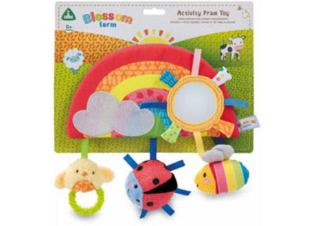 Brightly colored Blossom Farm Pram Toy with rattle, squeaker, teething ring, and mirror for sensory play on-the-go.