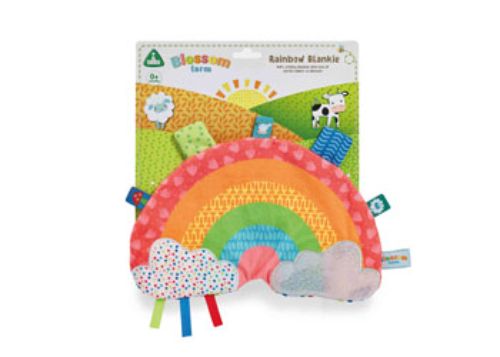 Soft, colorful Rainbow Taggie Blankie with tactile labels for sensory play and early development in babies.