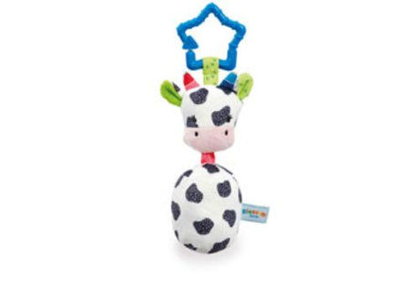 Jingling soft cow toy with C-clip, measuring 28cm, designed for sensory stimulation and imaginative play.