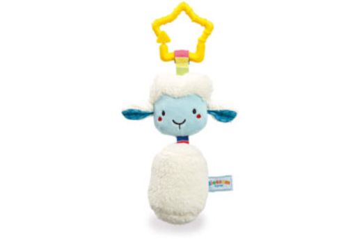 Soft woolly lamb chime toy with a c-clip for easy attachment, promoting sensory play and auditory development for infants.