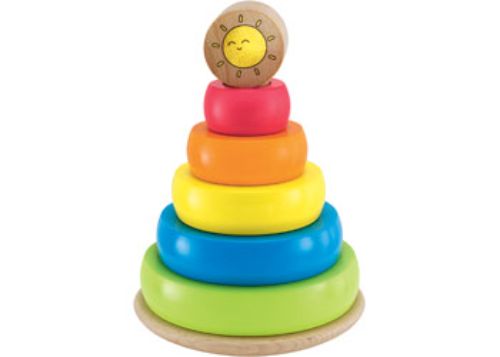 Colorful wooden stacking rings set with a cheerful sun topper, designed for toddlers' hand-eye coordination and imaginative play.