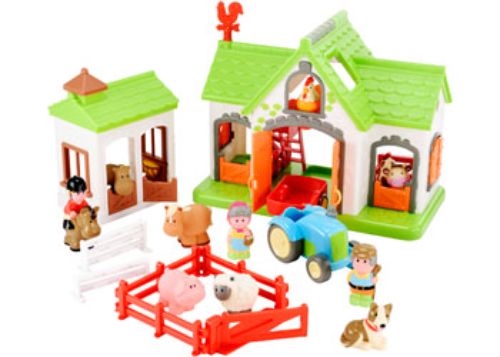 Colorful Happyland Farm playset with 3 characters, 7 animals, tractor, 5 sounds, and 15 accessories for imaginative toddler play.