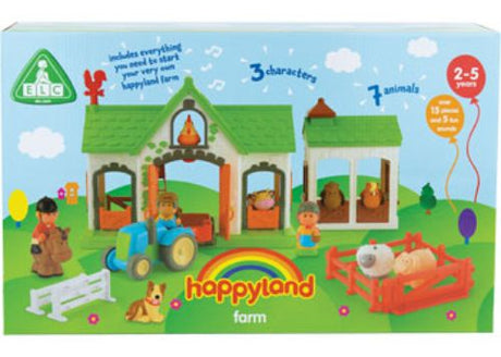 Colorful Happyland Farm playset with characters, animals, tractor, and accessories for imaginative toddler play and learning.