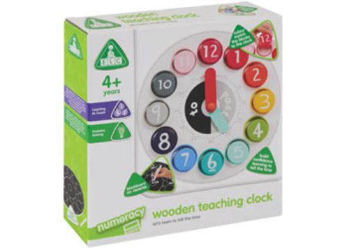 Wooden teaching clock for kids with vibrant colors, hour and minute hands, promoting time-telling and cognitive development.