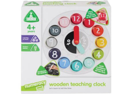 Brightly colored wooden teaching clock designed for toddlers, featuring moving hour and minute hands for learning to tell time.