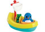 Colorful bath toy boat for toddlers, encouraging imaginative water play and fine motor skill development.