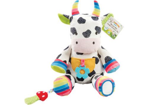 Plush cow toy with vibrant colors, textures, and sounds for sensory exploration and imaginative play.