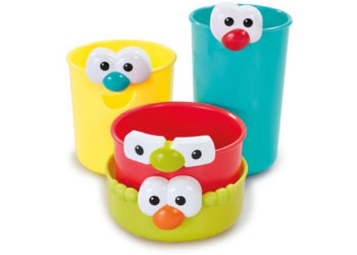 Colorful bath beakers with playful faces for imaginative play, enhancing fine motor skills and sensory experiences for toddlers.