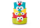 Colorful beakers with playful faces that promote creativity, fine motor skills, and sensory play for toddlers during bath time.