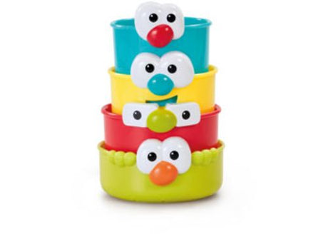 Colorful beakers with playful faces that promote creativity, fine motor skills, and sensory play for toddlers during bath time.