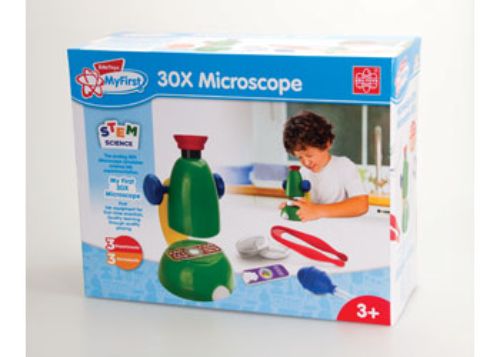 Edu-Toys My First 30x Microscope set with sturdy design, 30x magnification, slides, tools for hands-on science exploration.