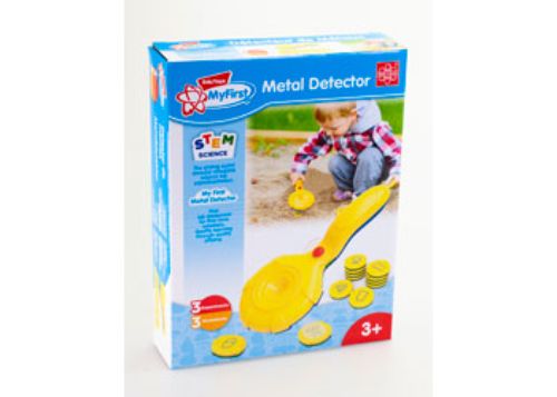 Lightweight, adjustable metal detector for kids, ideal for treasure hunting adventures in vibrant silver or red colors.