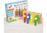 Colorful wooden pop-up toy with four figures that spring up, promoting hand-eye coordination for toddlers aged 12 months and up.