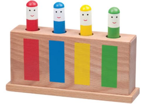 Colorful wooden pop-up toy for toddlers with four bouncy figures, promoting hand-eye coordination and color awareness.