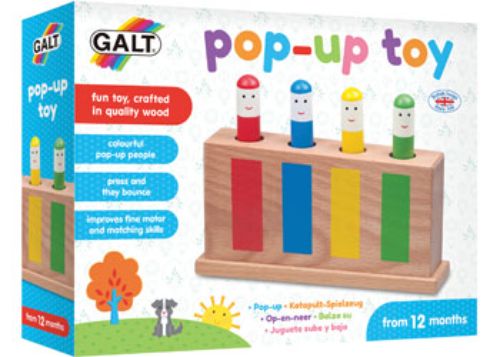 Colorful wooden pop up toy for toddlers, featuring four figures on springs to enhance hand-eye coordination and color awareness.