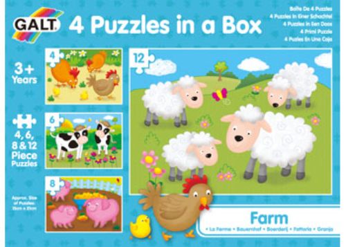 Colorful farm-themed puzzles for children aged 3+, featuring 4, 6, 8, and 12 pieces to enhance matching and sorting skills.