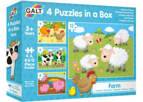 Colorful farm-themed puzzles for kids aged 3+, featuring 4, 6, 8, and 12 pieces to develop matching and sorting skills.