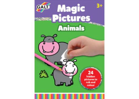 Colorful Galt Magic Pictures Animals kit with 24 hidden animal drawings to uncover and color for creative fun.