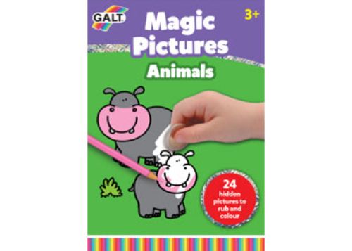 Colorful Galt Magic Pictures Animals kit with 24 hidden animal drawings to uncover and color for creative fun.