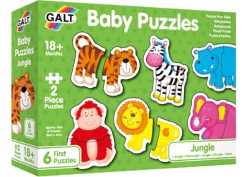 Vibrant 2-piece jungle animal puzzle for toddlers, promoting motor skills and imaginative play. Ideal for ages 18 months and up.