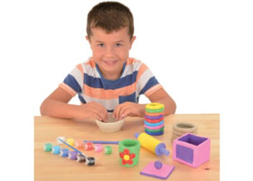 Children's pottery kit featuring air-drying clay, tools, and colorful paints for creative artistic projects.