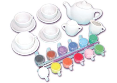 Colorful Galt Paint a Tea Set kit for kids aged 5+, featuring a miniature teapot and cups for creative decorating fun.