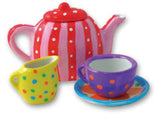 Colorful miniature tea set for kids to paint and personalize, fostering creativity and artistic expression.