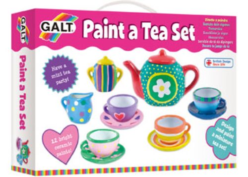A colorful ceramic tea set craft kit for kids to paint and personalize, fostering creativity and imaginative play.