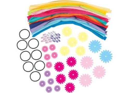 Colorful DIY hair bands kit with fabric strips, flowers, and beads for creative kids aged 6 and up. Perfect for parties!