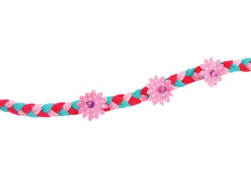 Colorful DIY hair bands kit with fabric strips, flowers, beads, and elastic bands for creative kids aged 6 and up.