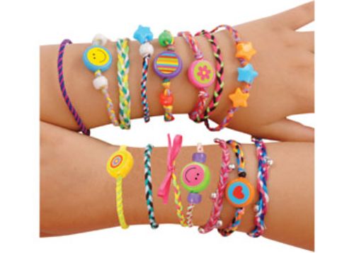 Colorful Galt Friendship Bracelets kit for kids 7+, featuring threads, beads, and a foam wheel for creative bracelet-making.