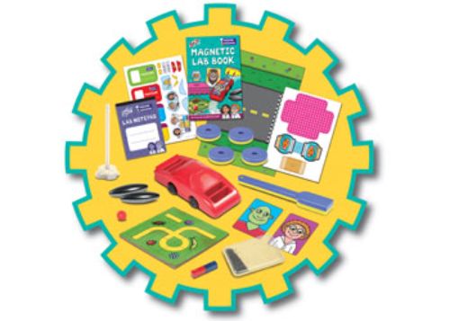 Colorful educational toy kit featuring magnets, a racing car, and a marble maze for hands-on science experiments.