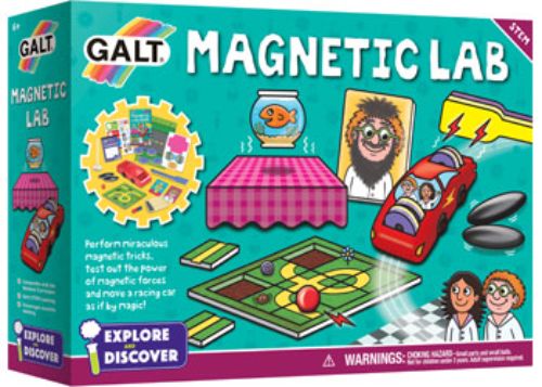 Galt Magnetic Lab kit featuring hands-on experiments with magnets, including a racing car and marble maze for ages 6 and up.