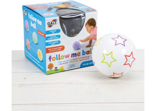 Color-changing motorized ball for babies, engaging them to crawl and track its vibrant lights and movements.