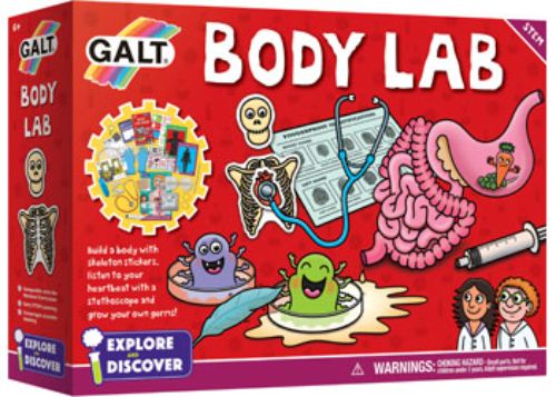 Interactive Galt Body Lab science kit for kids, featuring 14 experiments on human anatomy and biology. Suitable for ages 6+.