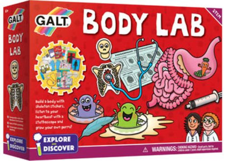 Interactive Galt Body Lab science kit for kids, featuring 14 experiments on human anatomy and biology. Suitable for ages 6+.