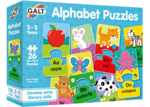 Colorful Galt Alphabet Puzzles feature 26 two-piece sets for teaching letter recognition with engaging images for kids.