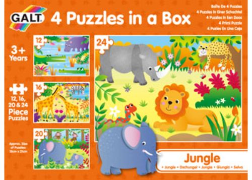 Vibrant jungle-themed puzzle set with 4 designs (12, 16, 20, 24 pieces) for kids aged 3+, enhancing problem-solving skills.