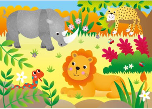 Colorful set of 4 jungle-themed puzzles, featuring 12, 16, 20, and 24 pieces for young children's cognitive development.