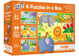 Colorful jungle puzzles set for kids aged 3+, featuring 12, 16, 20, and 24 pieces to enhance problem-solving skills.