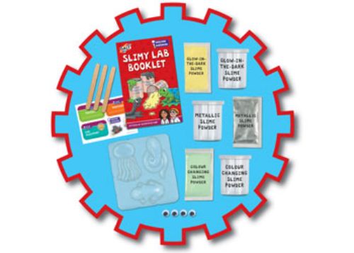 Colorful Galt Slimy Lab kit for kids featuring slime powders, molds, and a booklet for fun, hands-on experiments.