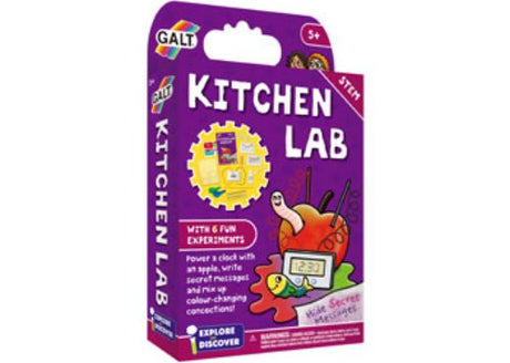 Galt Kitchen Lab science kit for kids featuring 6 experiments, tools for hands-on learning, and a colorful lab booklet.