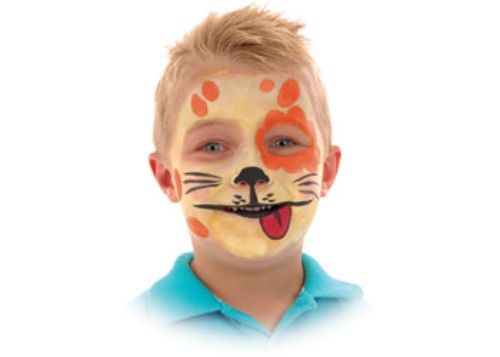 Colorful face painting kit for kids with 7 vibrant paints, brushes, sponges, stencils, and guide for imaginative play.