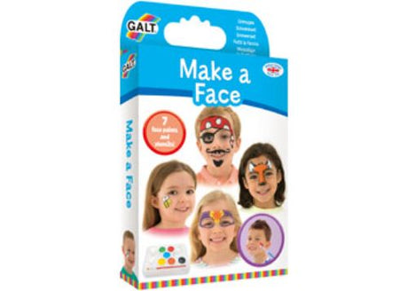 Colorful face painting kit for kids with 7 paint discs, brush, sponges, stencils, and a color guide for creative fun.