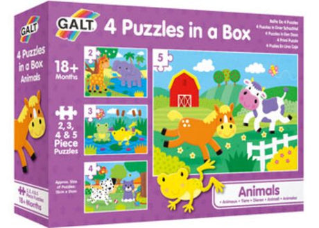 Colorful animal-themed puzzles for toddlers, featuring 2 to 5 pieces to enhance matching and sorting skills. Perfect for ages 18 months+.